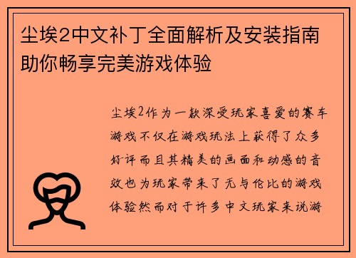 尘埃2中文补丁全面解析及安装指南 助你畅享完美游戏体验